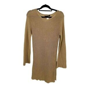 Les Copains Mini Dress Size L Gold Cotton Long Sleeves Tan Gold $150